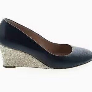 LK Bennett Zella Navy Patent Leather Wedge, Size 42/11 raffia detail